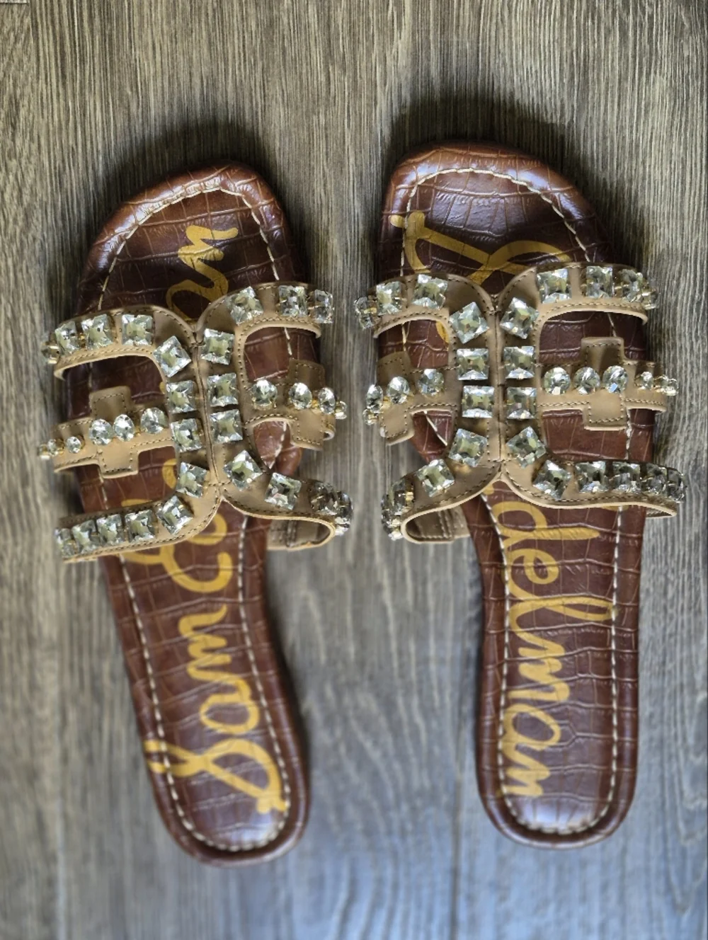 Sam Edelman Bay Sandals Slides. Tan With Crystals Rhinestones Size 9 - Picture 2 of 8
